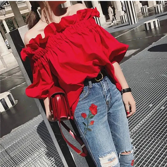 Stilla | Kvinders Ruffled Fashion Designer Puffede Ærmer Toppe T-Shirts