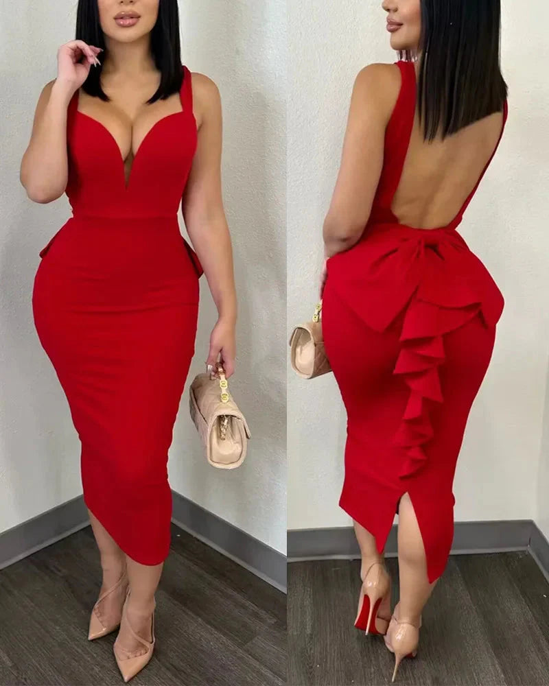 Stilla | Kvinders Ruffled Trim Fashion Designer Bow Backless Kjoler (midi)