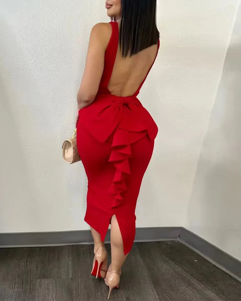 Stilla | Kvinders Ruffled Trim Fashion Designer Bow Backless Kjoler (midi)