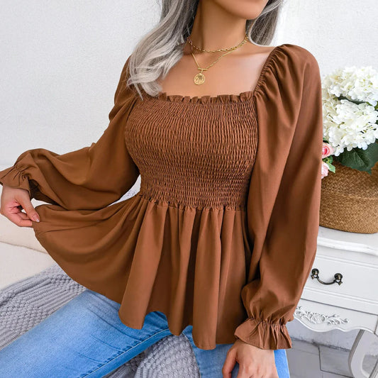 Stilla | Kvinders Square Collar Mode Designer Ruffled Langærmede Toppe
