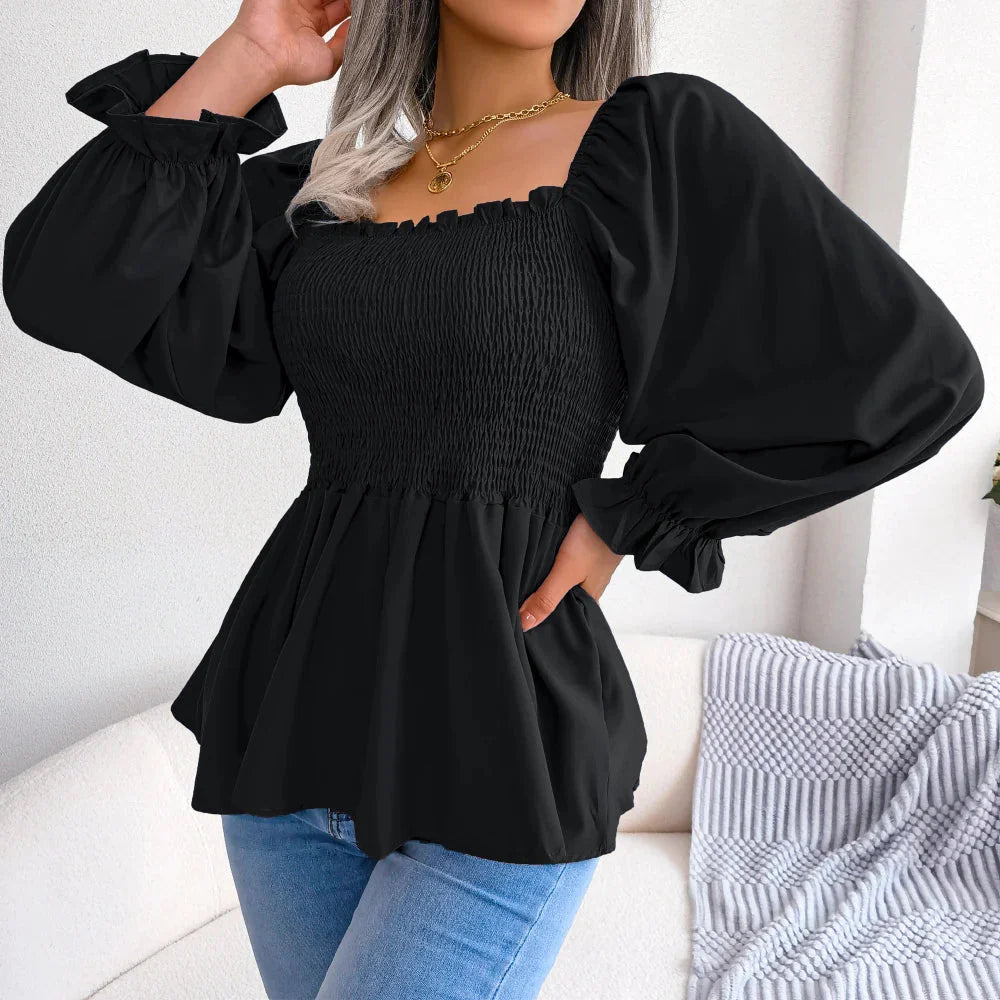 Stilla | Kvinders Square Collar Mode Designer Ruffled Langærmede Toppe