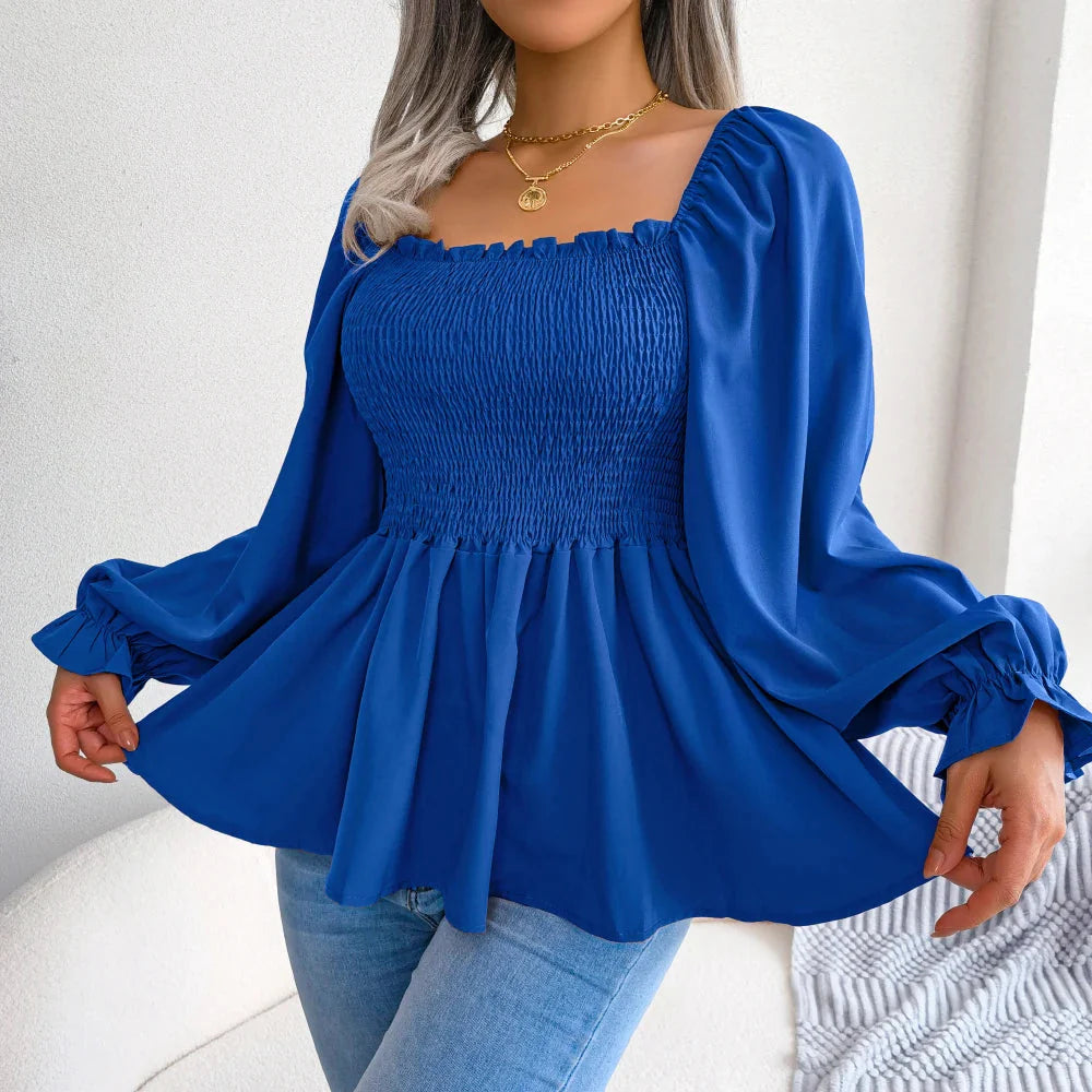 Stilla | Kvinders Square Collar Mode Designer Ruffled Langærmede Toppe