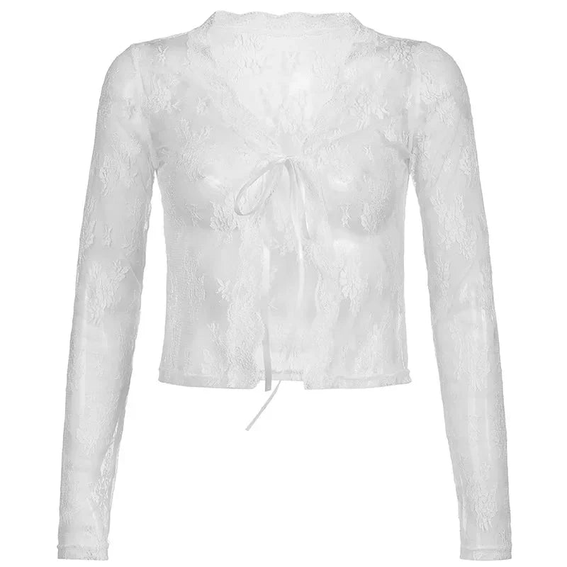 Stilla | Kvinders V-Hals Blonder Mode Designer Gennemsigtig Bluse Langærmet Toppe