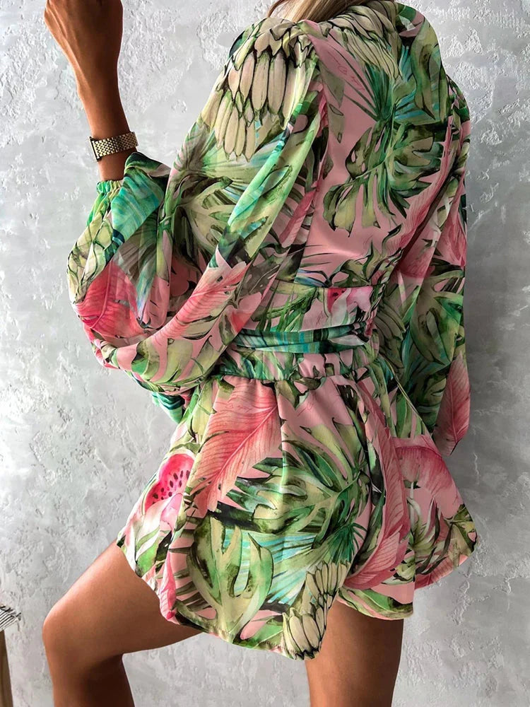 Stilla | Kvinders V-Hals Puff Ærmer Blomster Chiffon Mode Designer Rompers