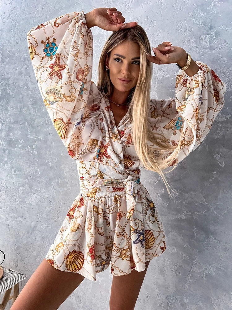 Stilla | Kvinders V-Hals Puff Ærmer Blomster Chiffon Mode Designer Rompers