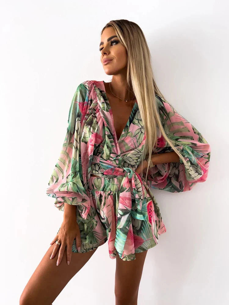 Stilla | Kvinders V-Hals Puff Ærmer Blomster Chiffon Mode Designer Rompers