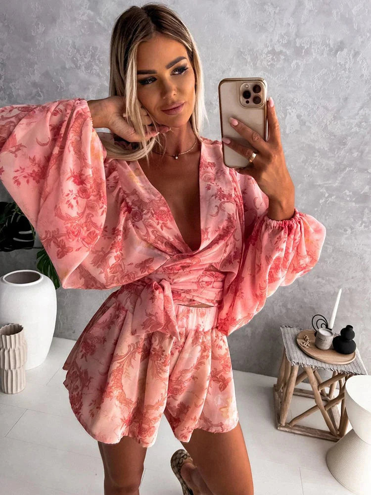 Stilla | Kvinders V-Hals Puff Ærmer Blomster Chiffon Mode Designer Rompers