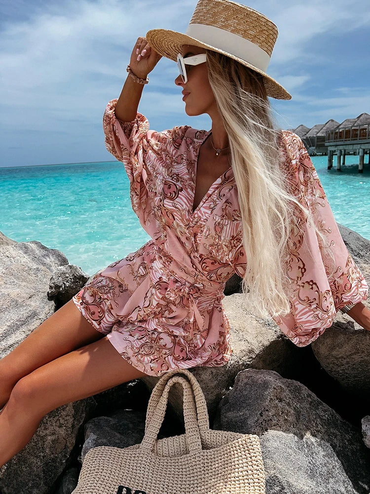 Stilla | Kvinders V-Hals Puff Ærmer Blomster Chiffon Mode Designer Rompers