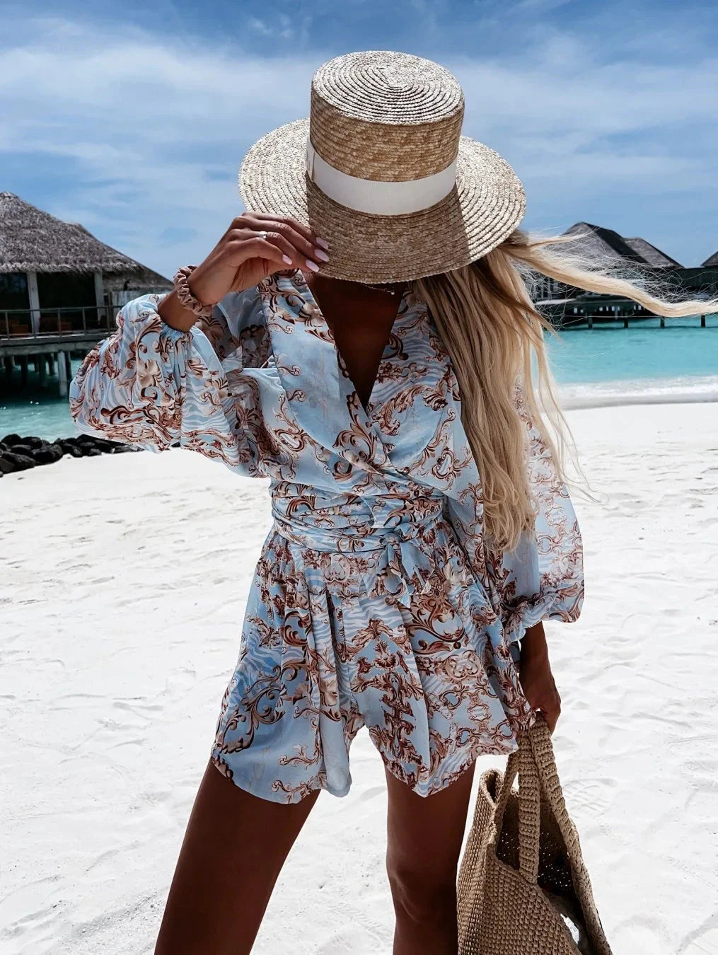 Stilla | Kvinders V-Hals Puff Ærmer Blomster Chiffon Mode Designer Rompers
