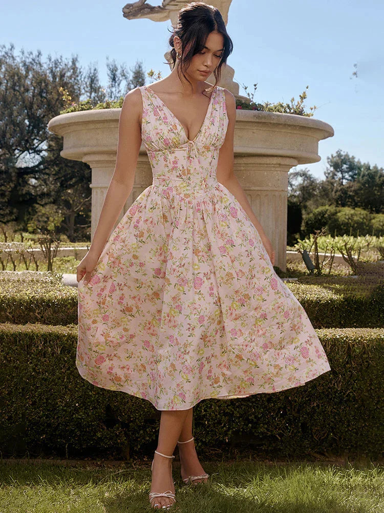 Stilla | Kvinders Årgang Rygløse Blomster Mode Designer Kjoler (midi)