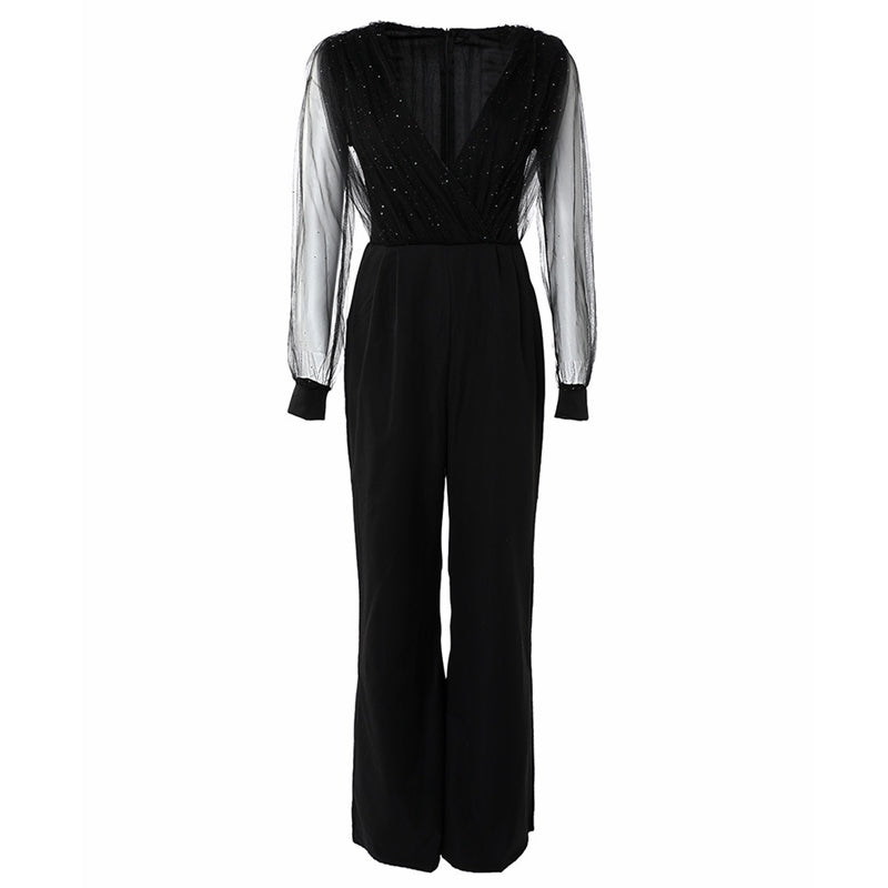 Stilla V-hals slank jumpsuit med høj talje og brede ben